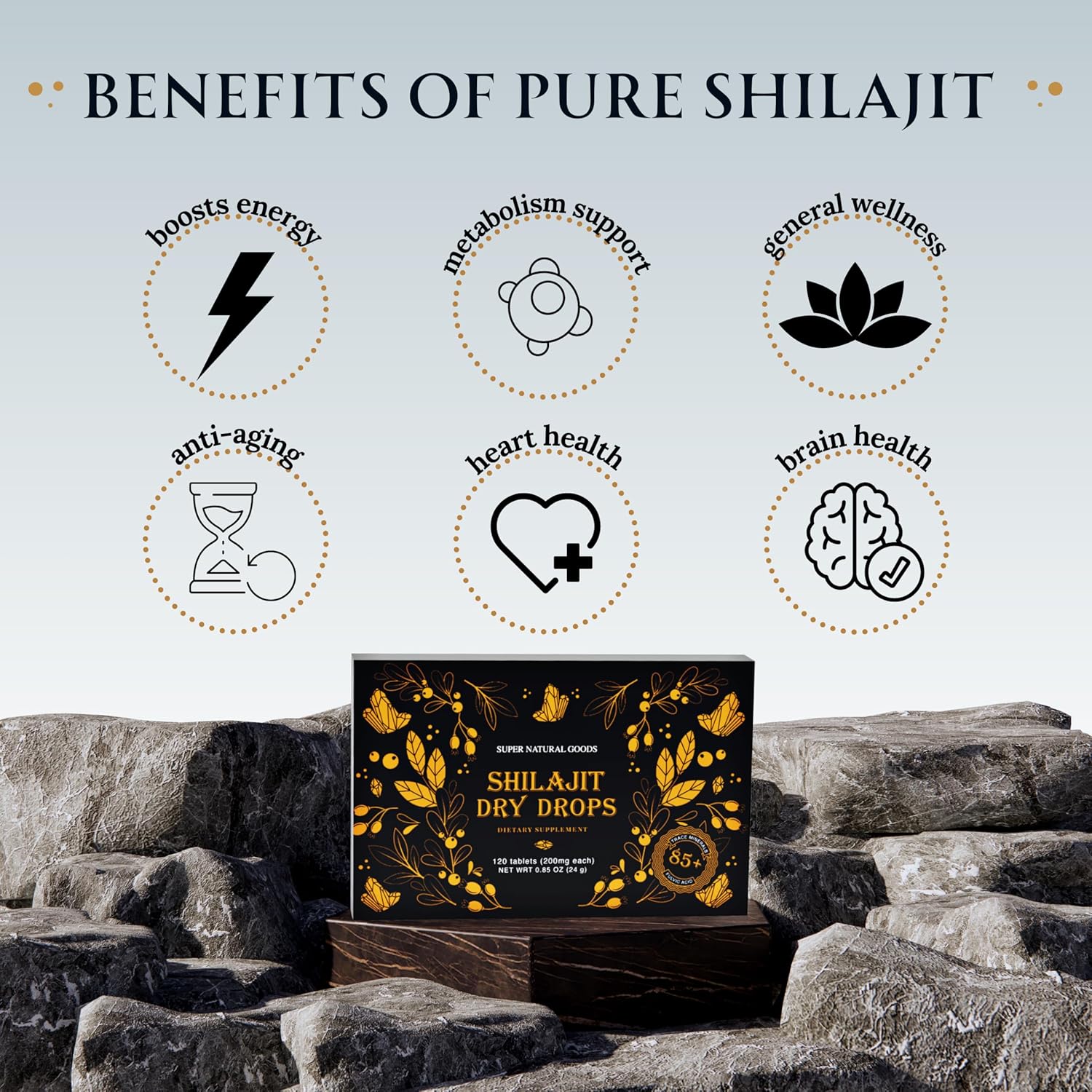 Pure Shilajit Resin Dry Drops - High Potency, Grade A, 100% Pure & Natural with Fulvic Acid & 85+ Trace Minerals