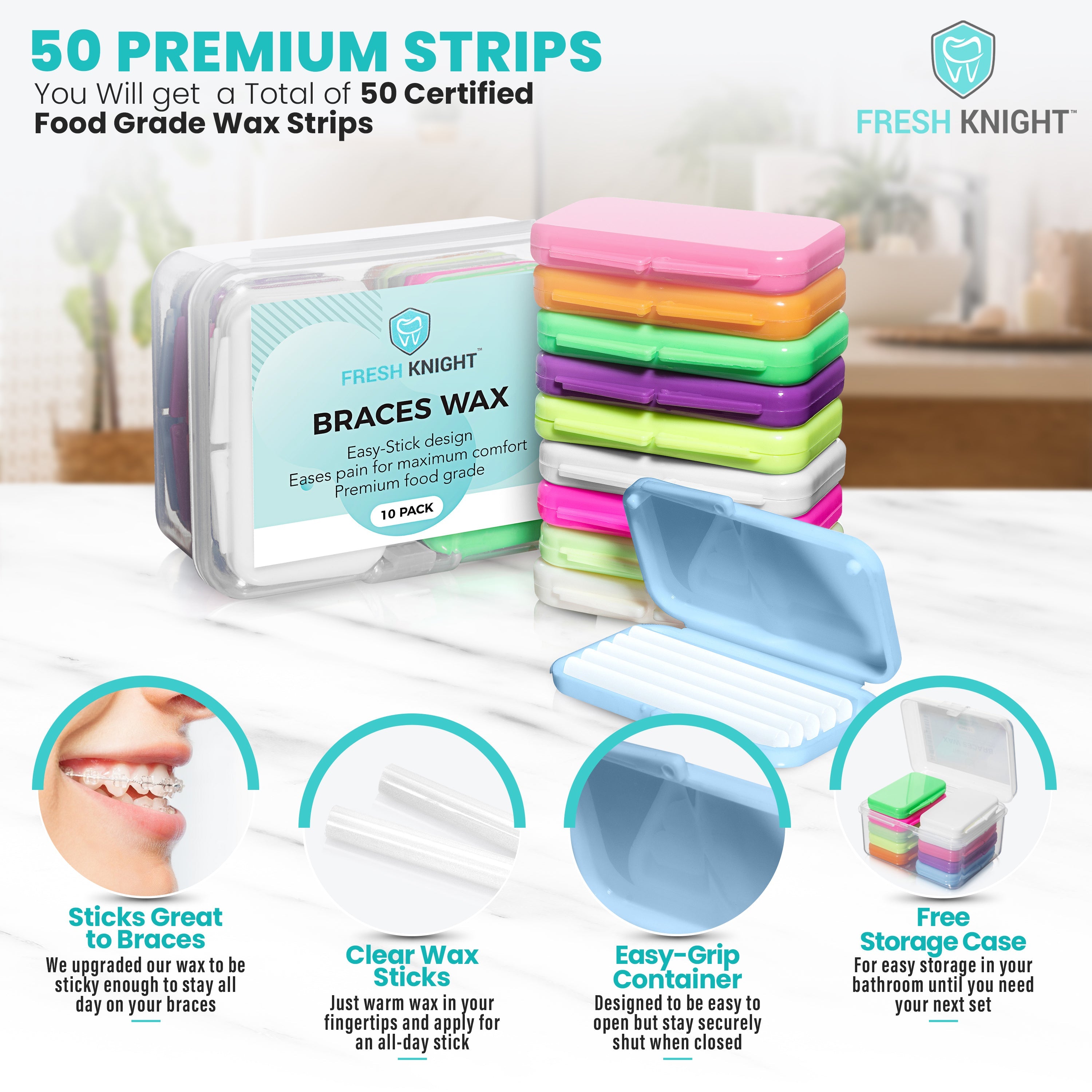 Premium Braces Wax- 10 pack Fun & Bright Colors with FREE storage case.