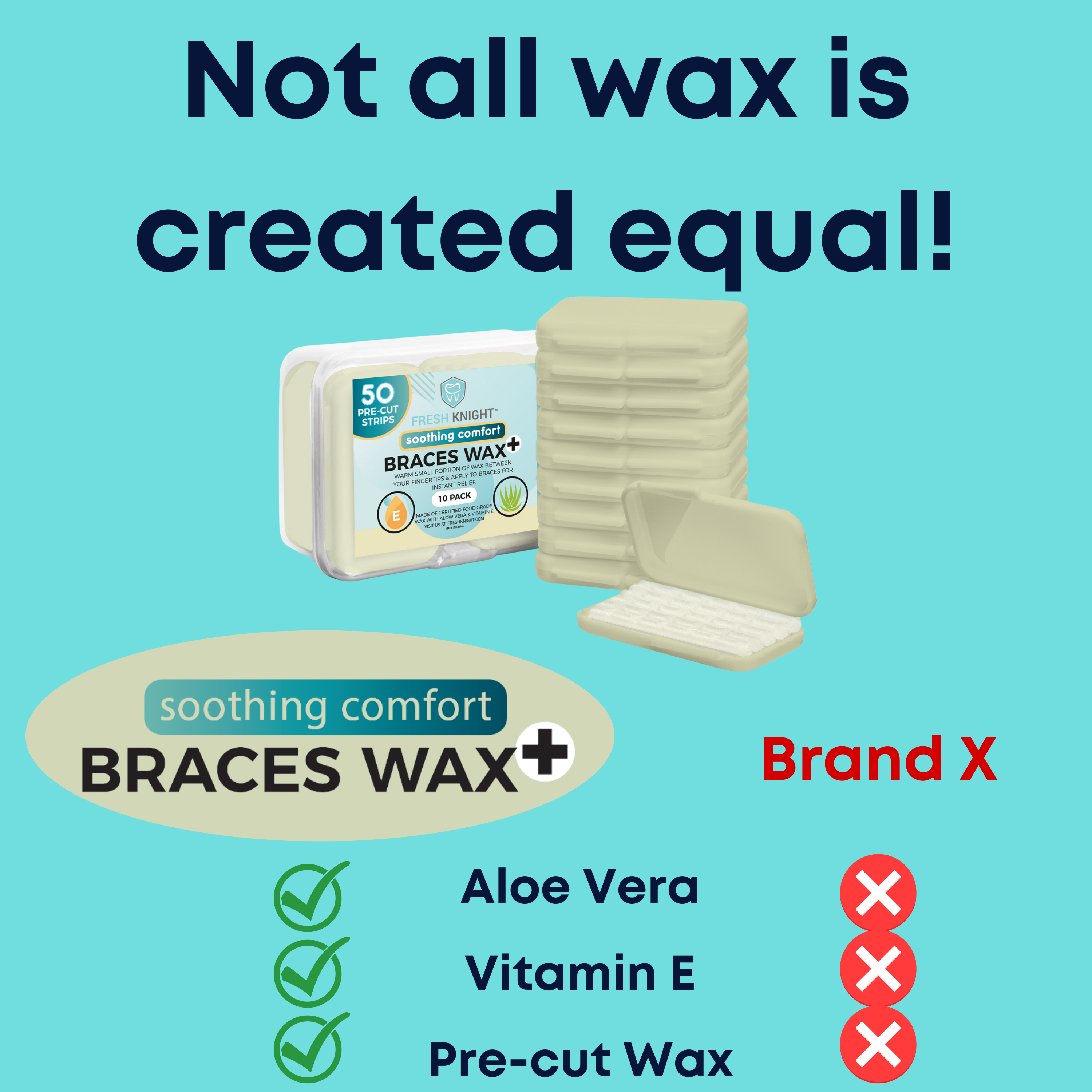 Premium Aloe + Vitamin E Braces Wax Pre-cut strips - 10 pack with FREE storage case.